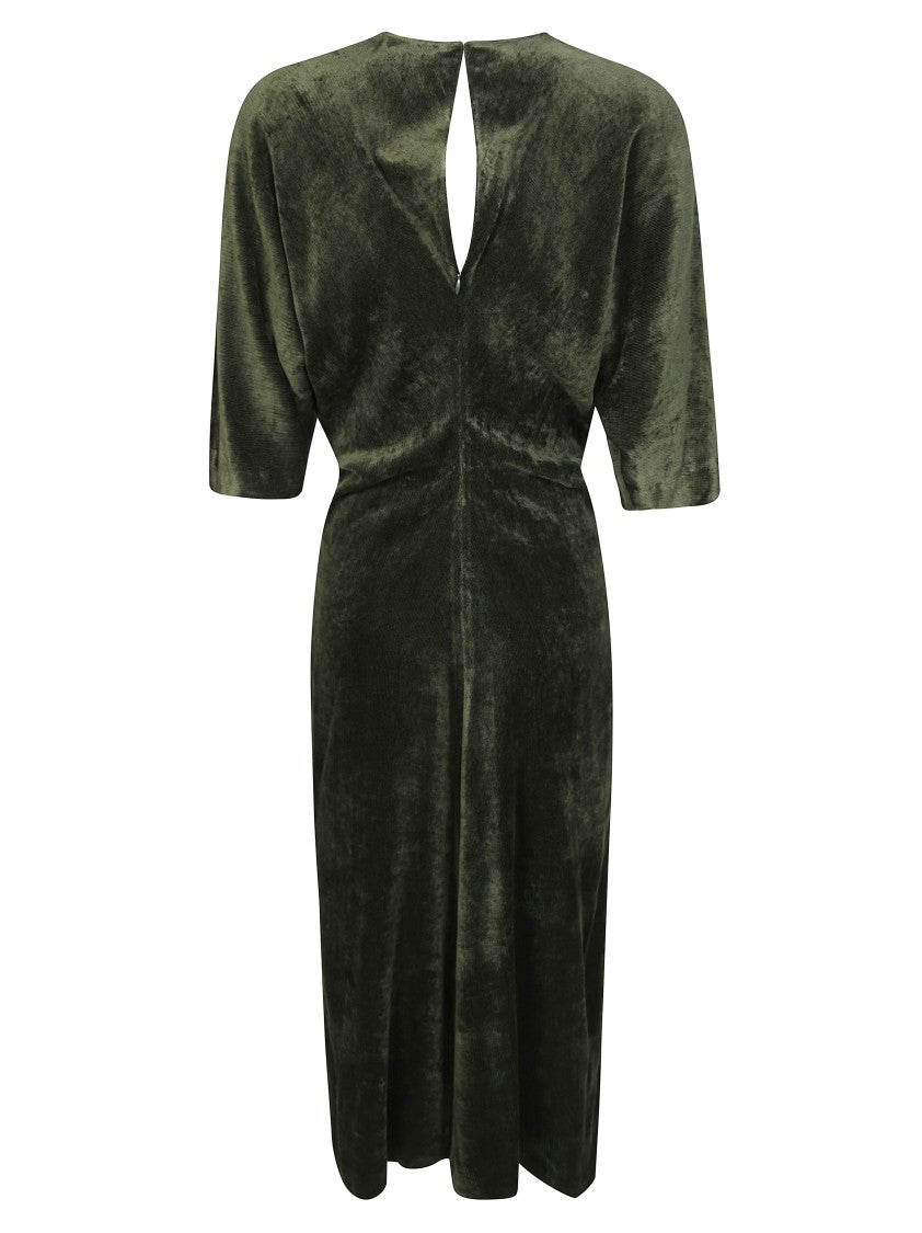 Nude Long Velvet V-Neck Dress