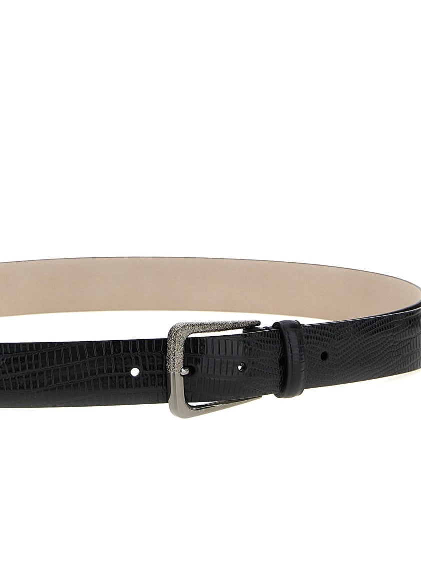Brunello Cucinelli Black Leather Belt With Snake-Effect Texture