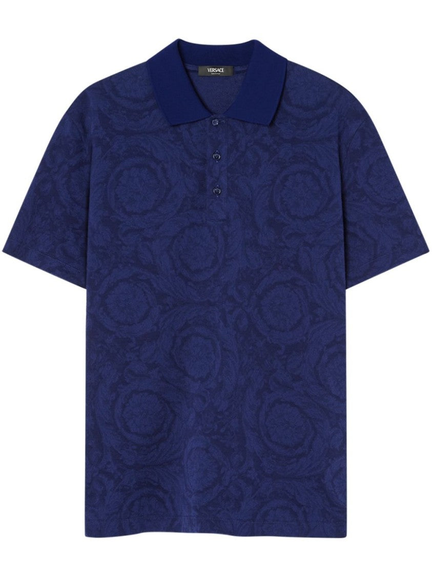 Versace Deep Blue Barocco Print Piqué Polo