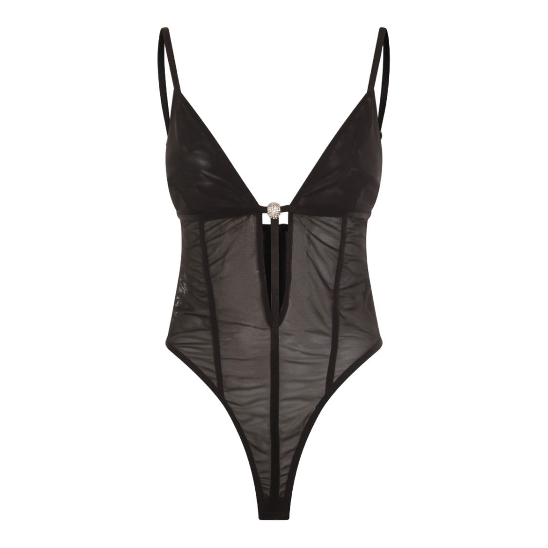 Nissa Sheer Black Bodysuit With Rhinestone Detail