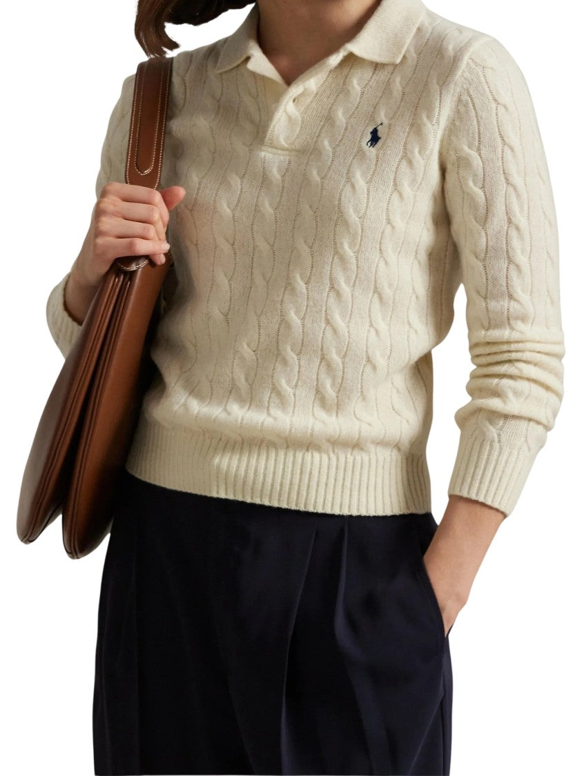 Polo Ralph Lauren White Cable-Knit Polo Sweater