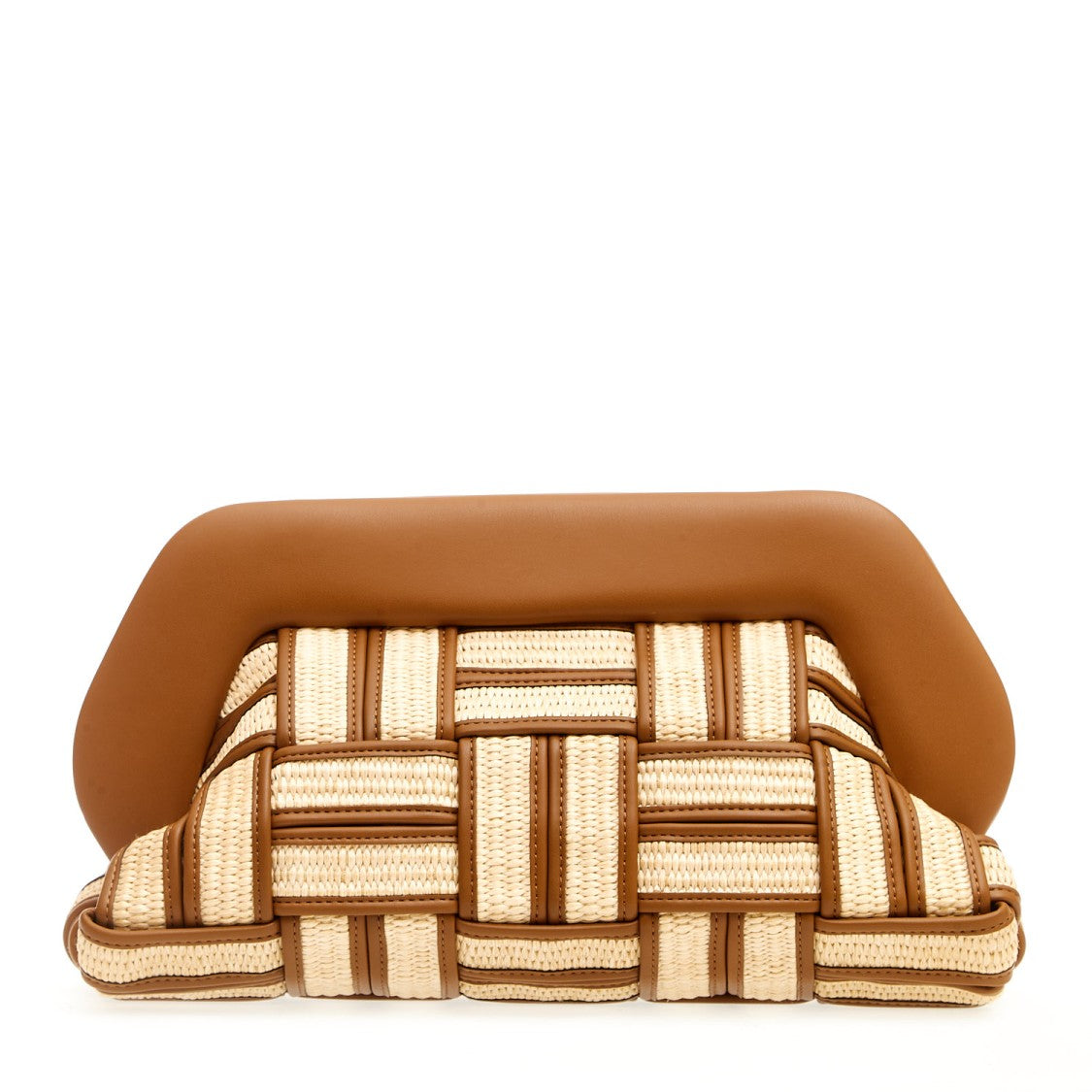 Themoirè Large Raffia Clutch In Leather And Caramel