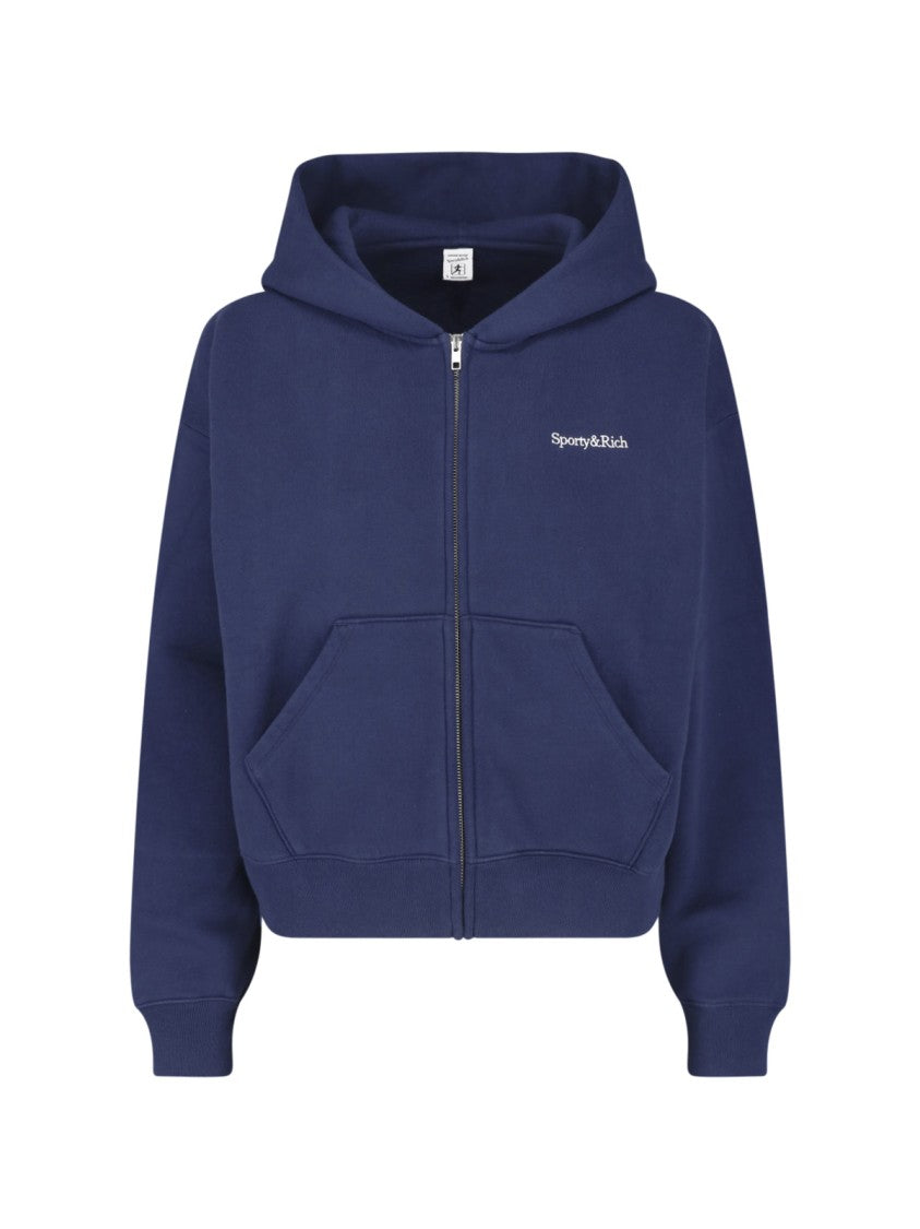 Sporty And Rich Blue Cropped Zip-Up Cotton-Blend Hoodie