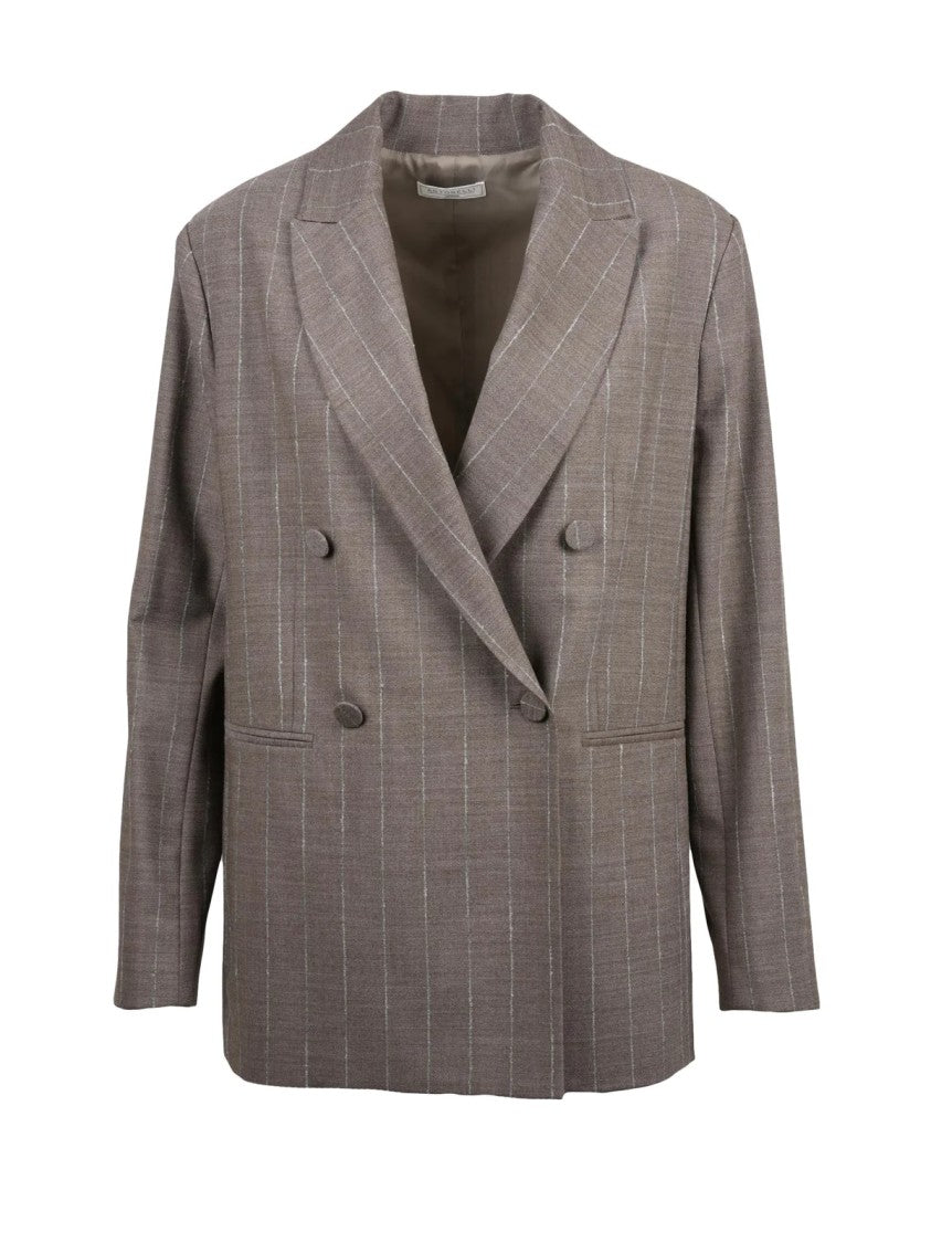 Antonelli Beige Pinstripe Double-Breasted Virgin Wool Blazer