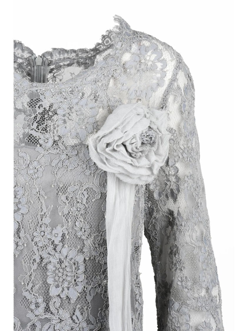 Ermanno Scervino Grey Floral Lace Silk Slip Dress