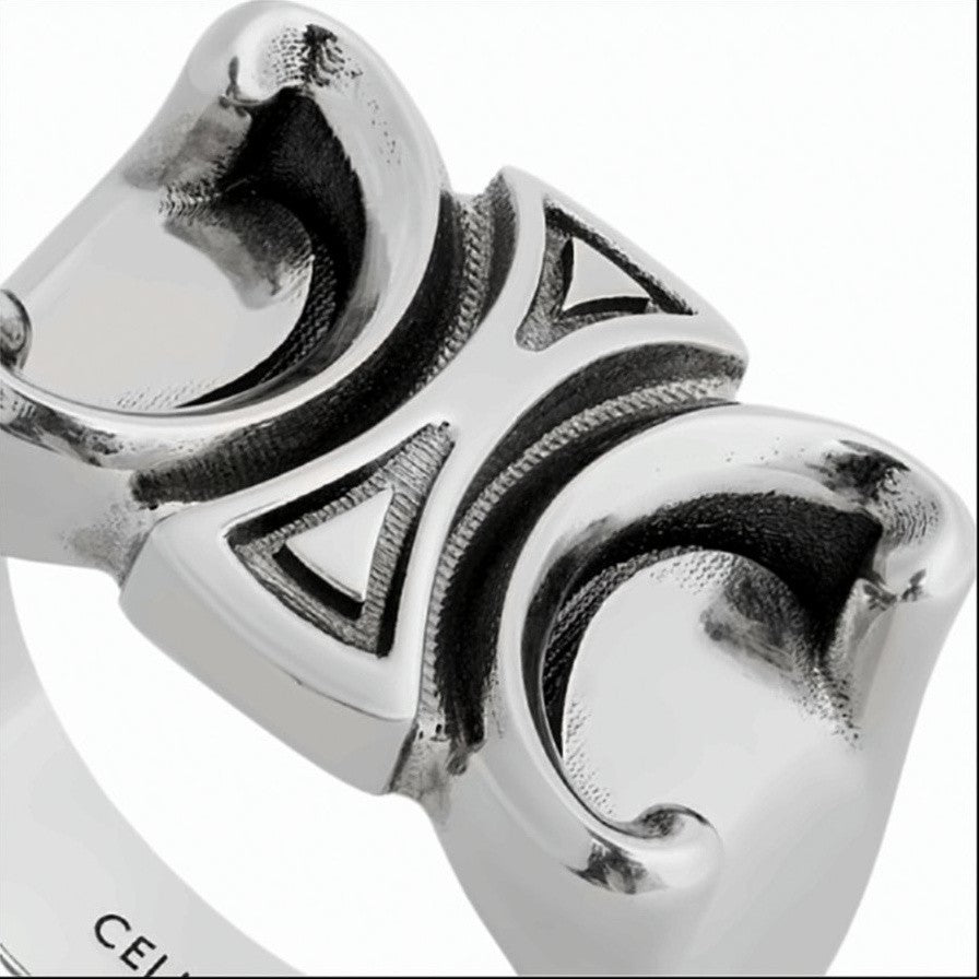Celine Sculptural Silver-Tone Brass Ring With Engraved Details