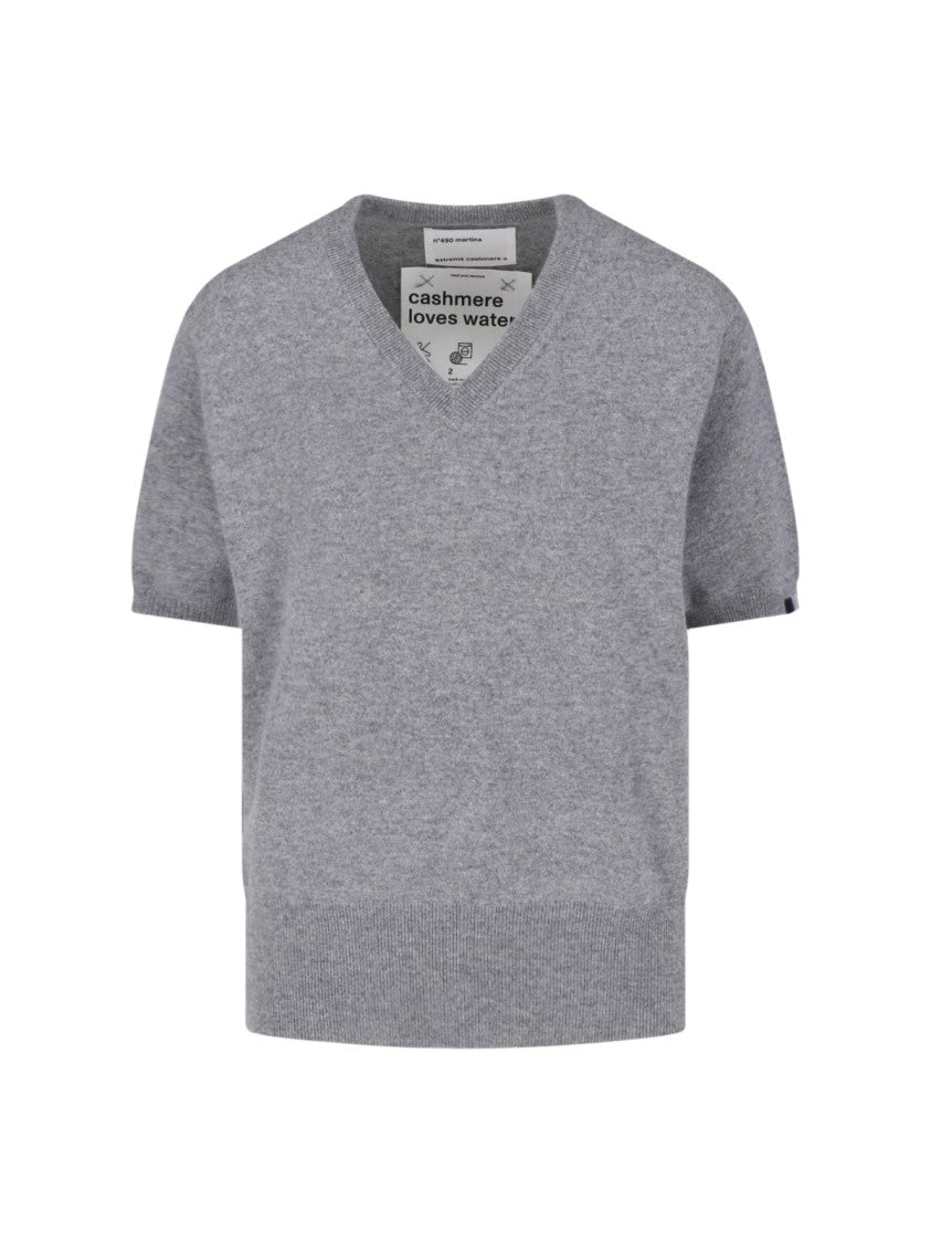 Extreme Cashmere Grey Martina Short-Sleeve V-Neck Cashmere Sweater