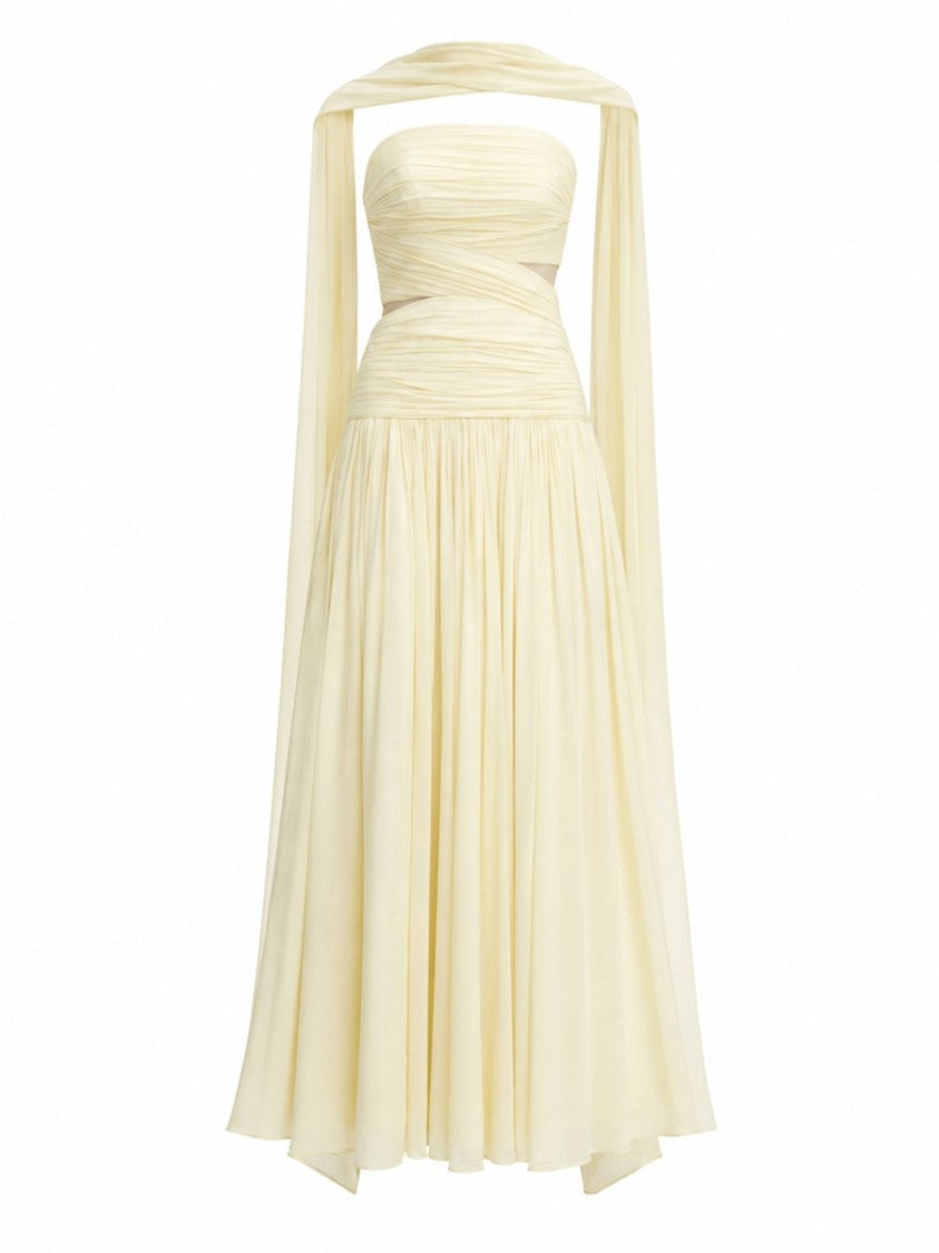 Self-Portrait Strapless Ruched Georgette Midi Dress