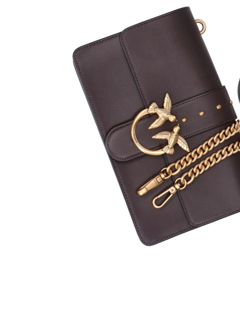 Pinko Brown Love One Gold-Tone Chain Leather Shoulder Bag