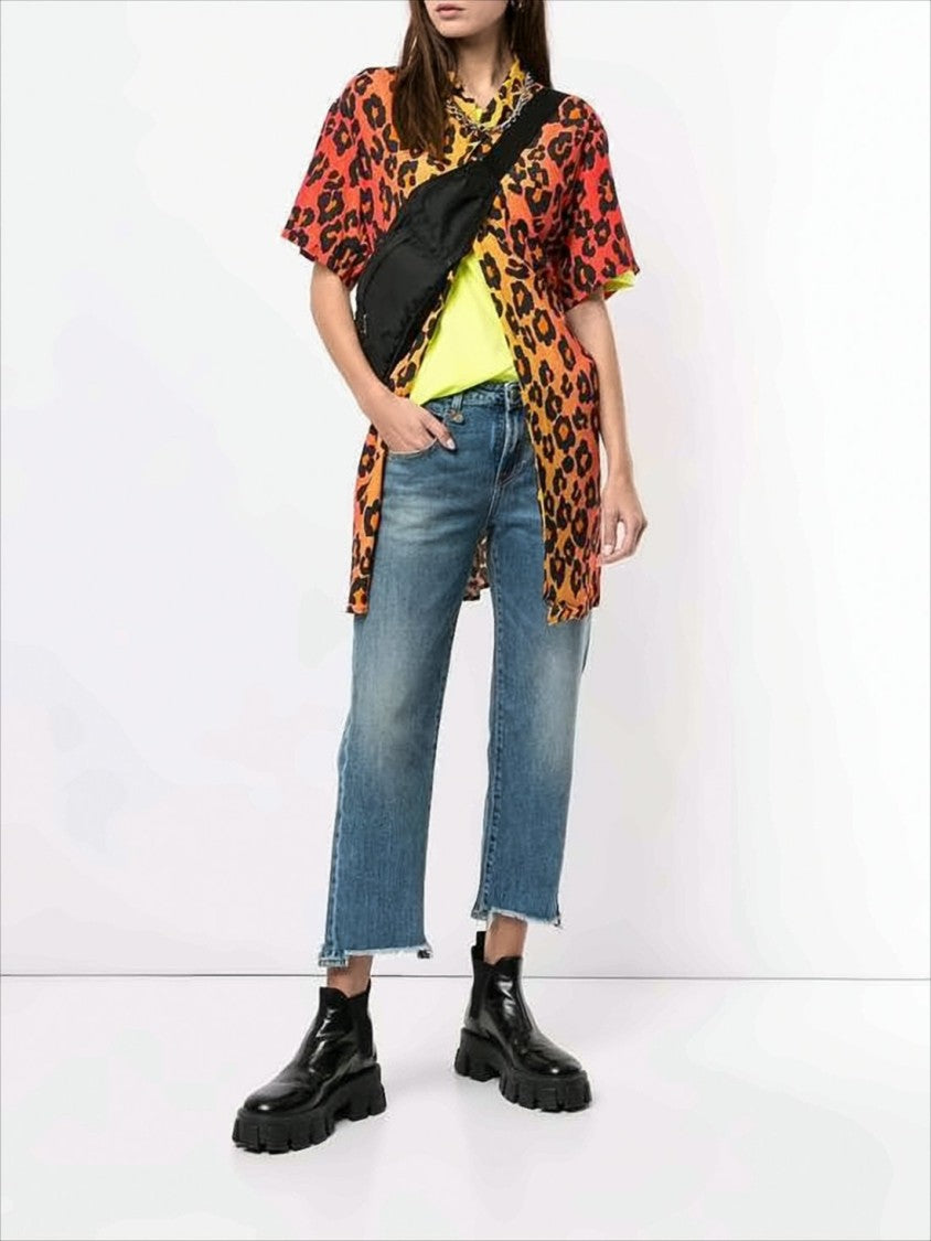 R13 Cropped Relaxed Fit Denim Pants With Flared Legs And Raw Hems
