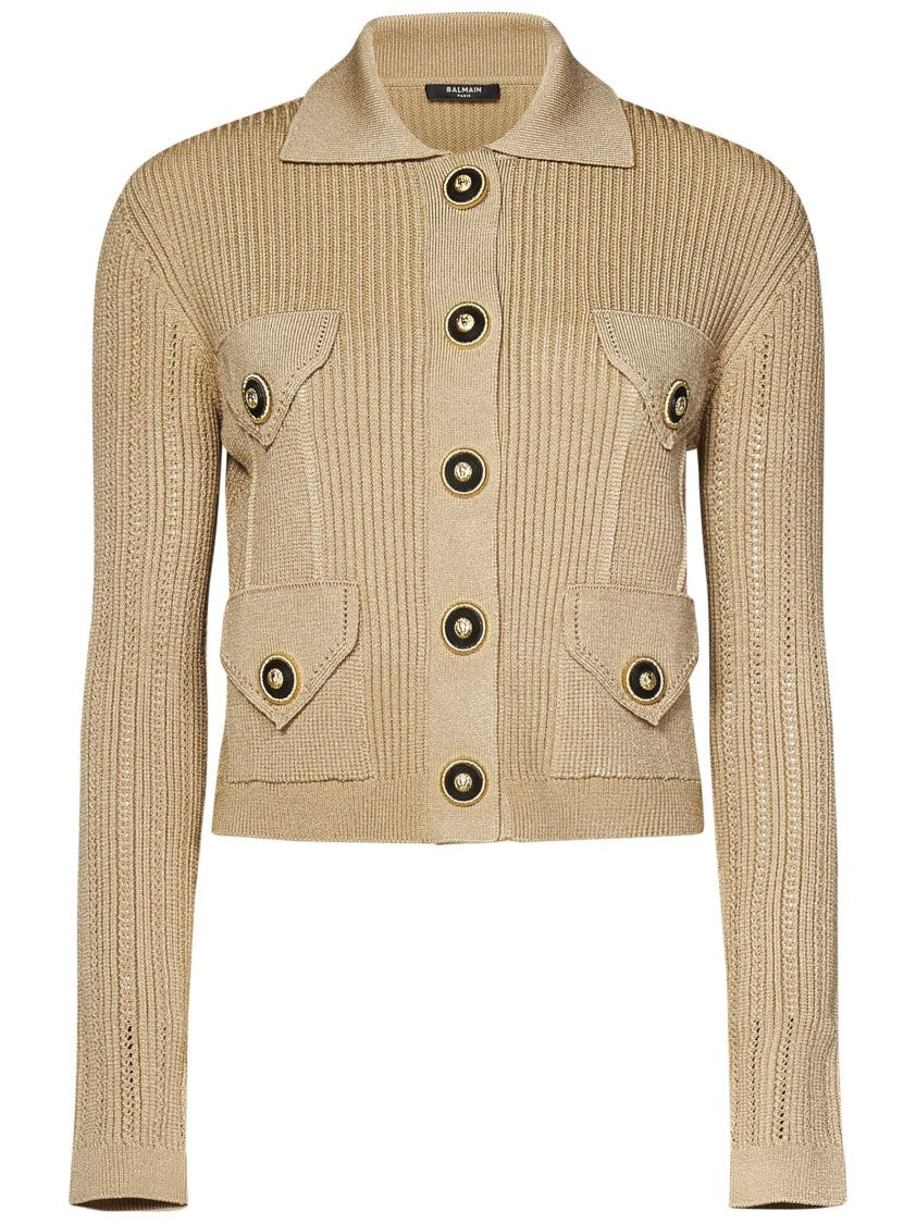Balmain Cropped Beige Ribbed Cardigan With Openwork Logo