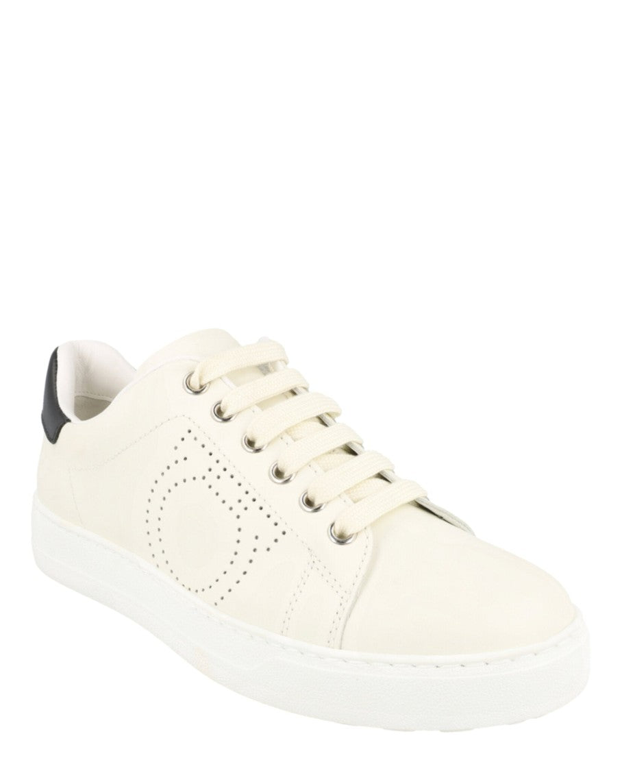Ferragamo White Calfskin Leather Low-Top Sneakers With Gancini Detailing