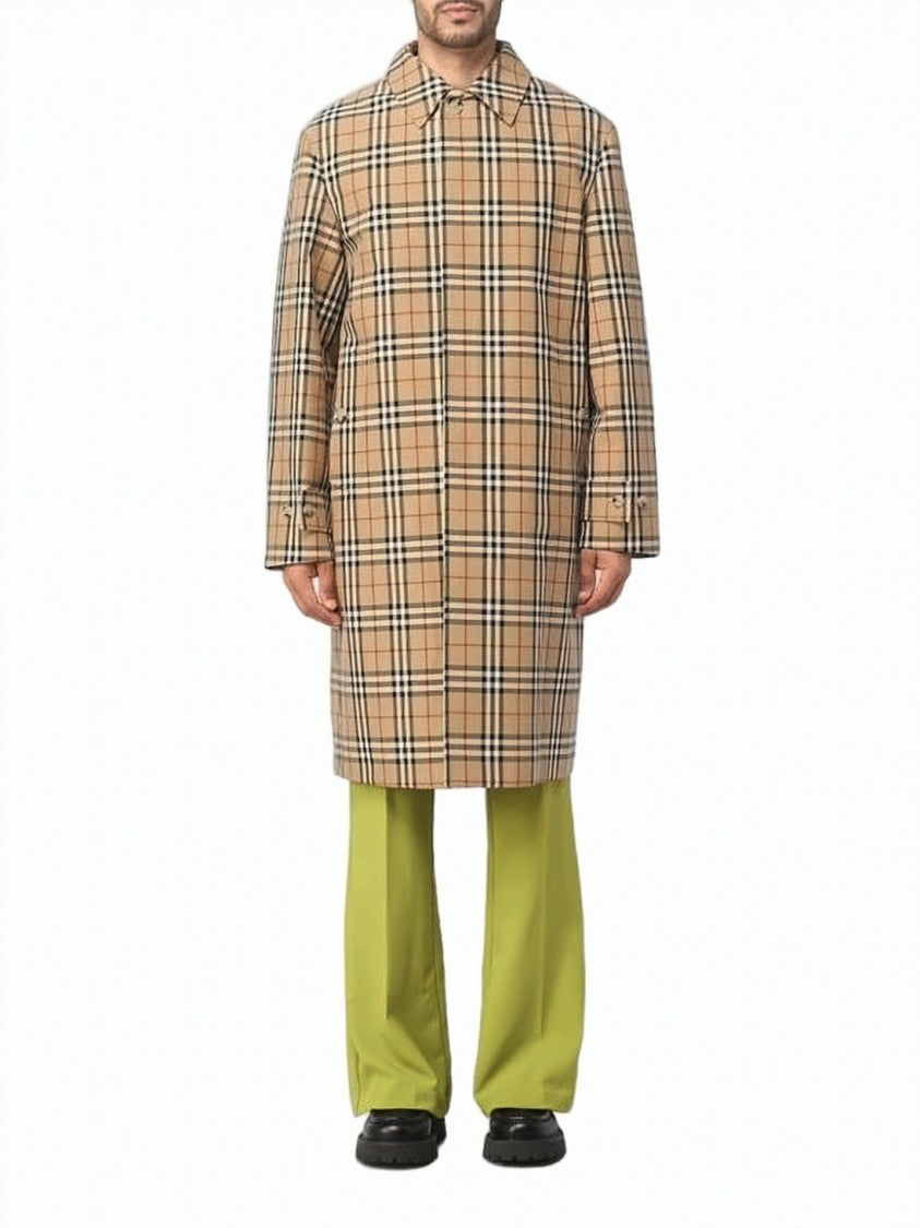 Burberry Knee-Length Check Pattern Burberry Coat With Concealed Button Closure