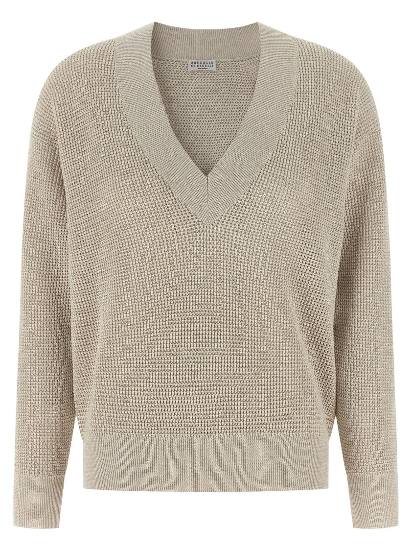Brunello Cucinelli Openwork Knit Sweater With Lamé Highlights And V-Neck Design