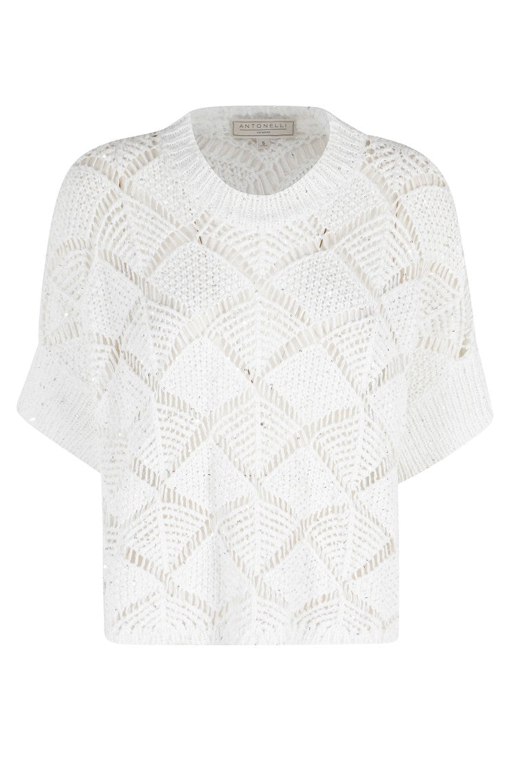Antonelli White Oleandro Sequined Ribbed-Trim Cotton-Blend Knit Top
