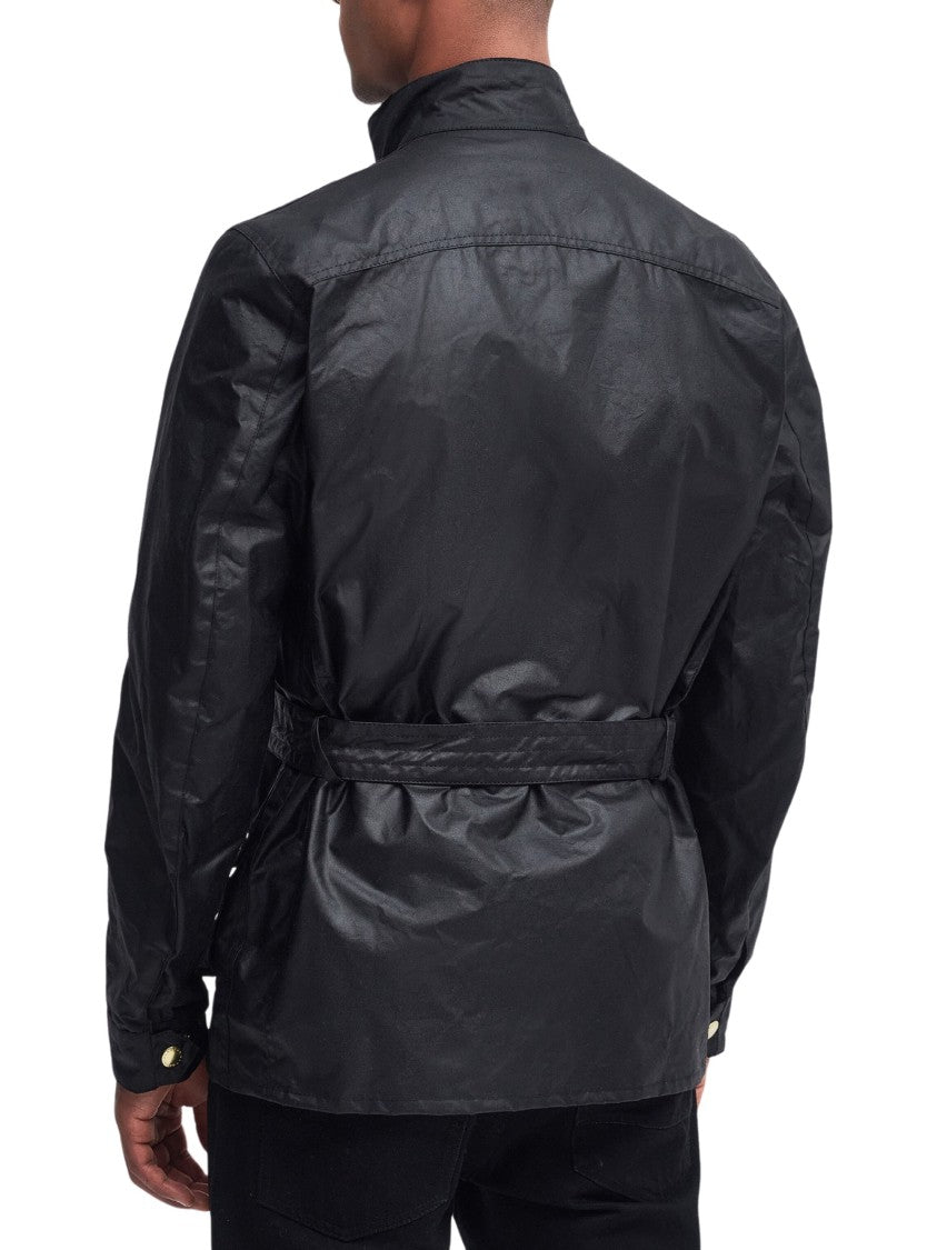 Barbour Union Jack Waxed Jacket With Belted Waist And Multi-Pocket Design