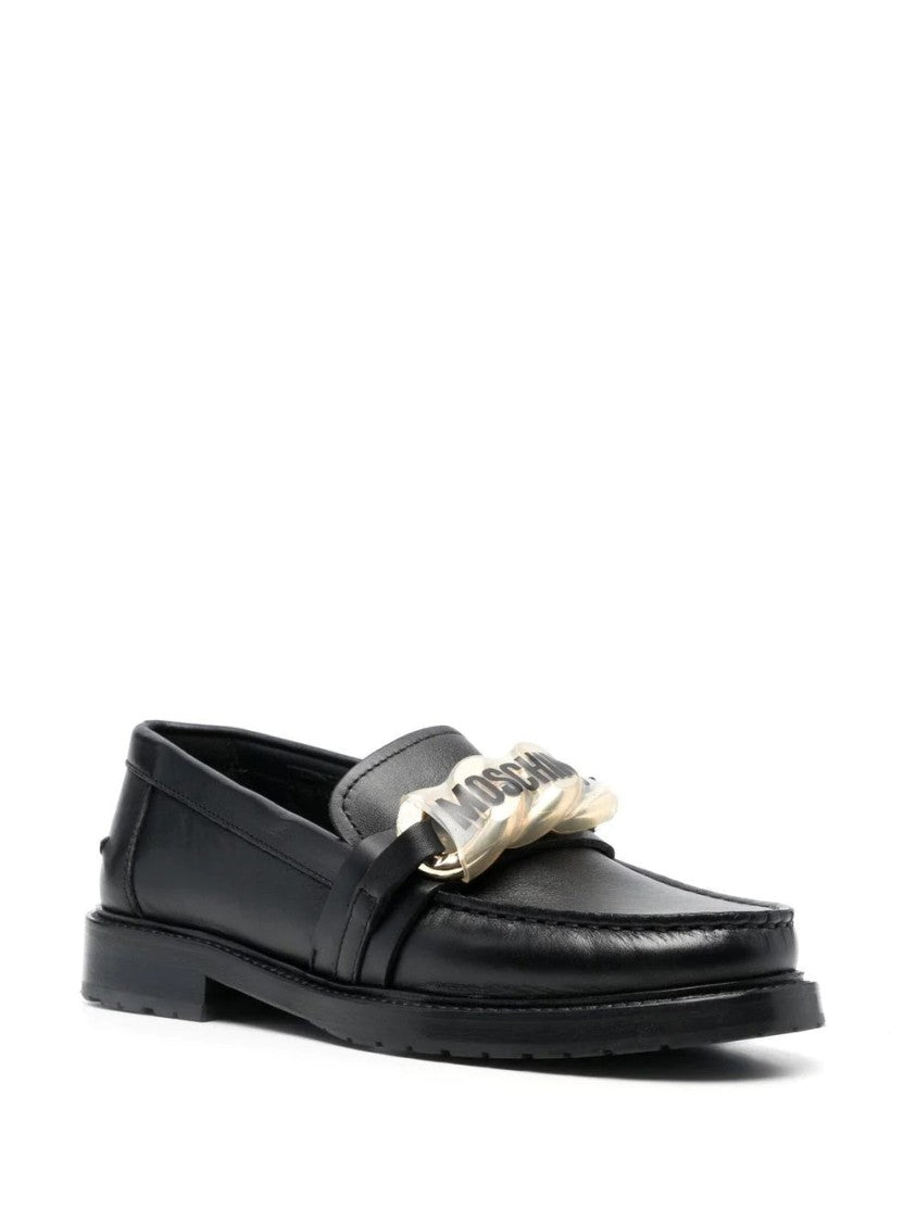 Moschino Sleek Black Leather Loafers With Decorative Chain Detail