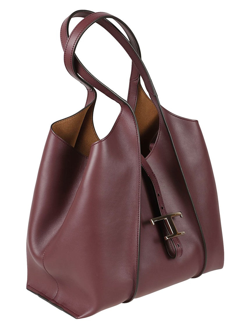 Tod's Burgundy Calfskin Tote Bag With Metallic Closure