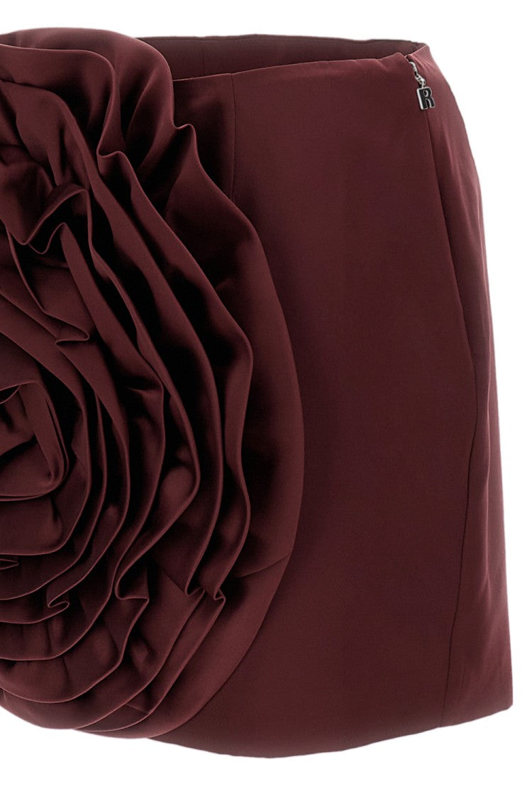 Rotate Burgundy Satin Mini Skirt With 3D Rose Appliqué