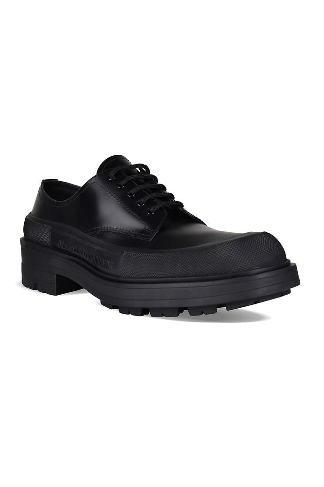 Alexander Mcqueen Topstitched Black Leather Derbies With Contrasting Sole