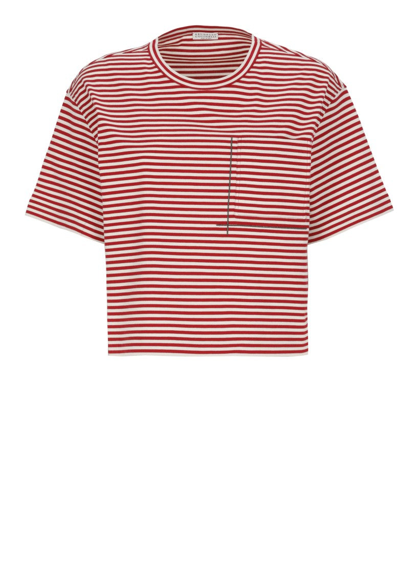 Brunello Cucinelli Pocket Detail Cropped T-Shirt With Contrasting Stripes