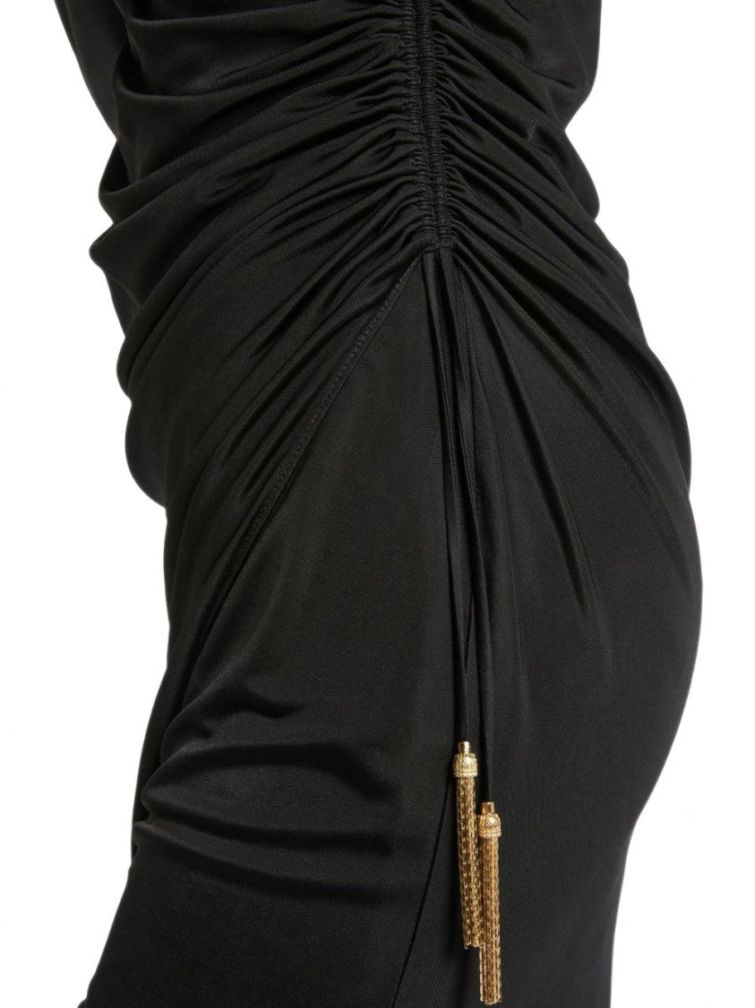 Balmain Fitted Mini Dress With Ruched Detail And Gold Tassels