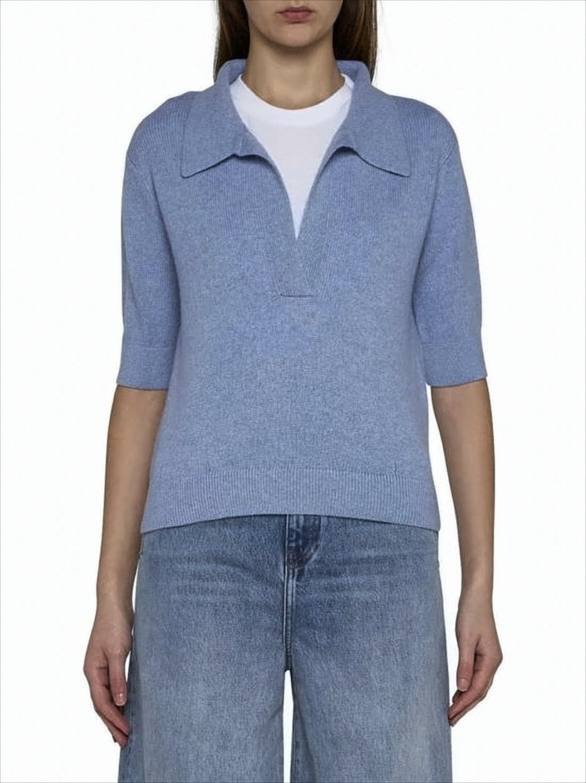 Khaite Short-Sleeved Cashmere Knit Sweater With V-Neckline