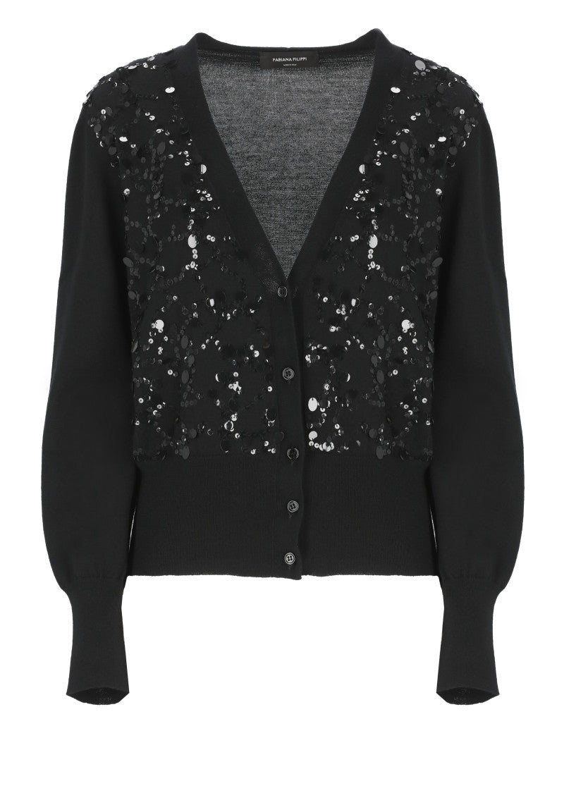 Fabiana Filippi V-Neck Wool Blend Cardigan With Front Sequins Detail
