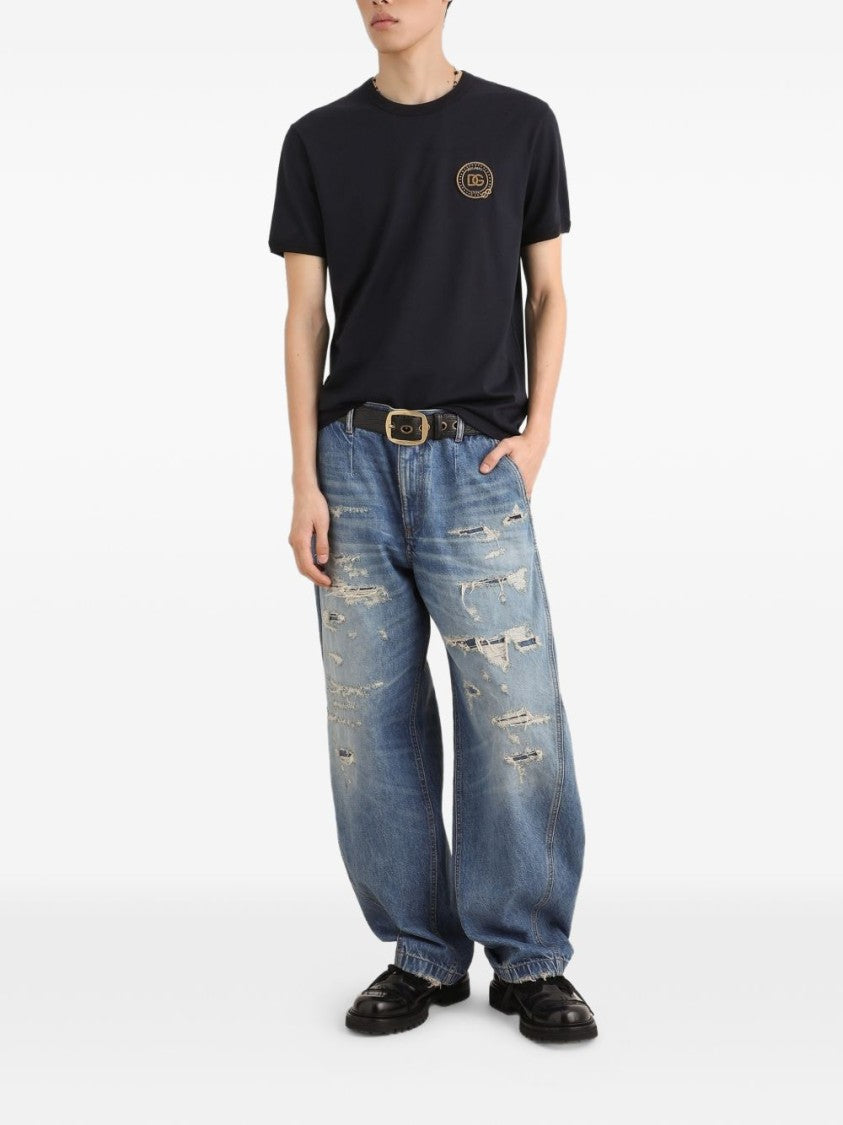 Dolce & Gabbana Blue Cotton Front Patch T-Shirt