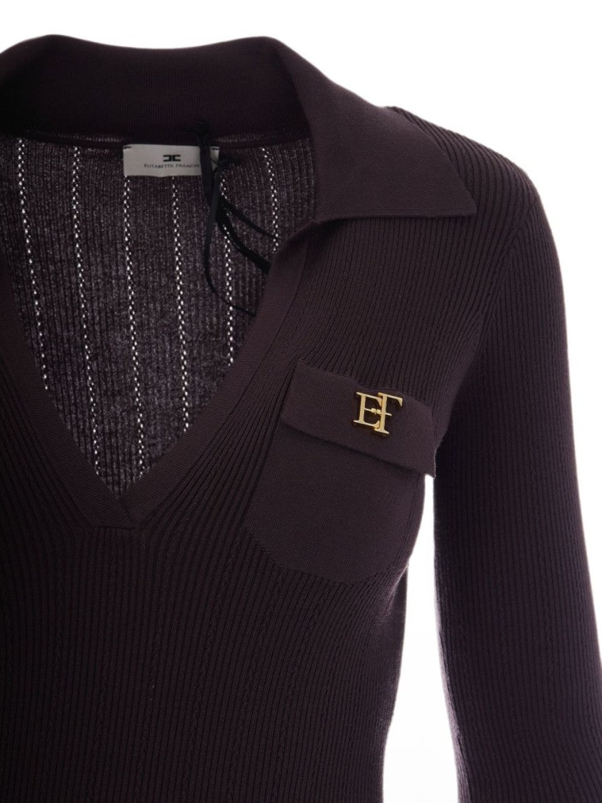 Elisabetta Franchi Black Fitted Ribbed Deep V-Neck Dress