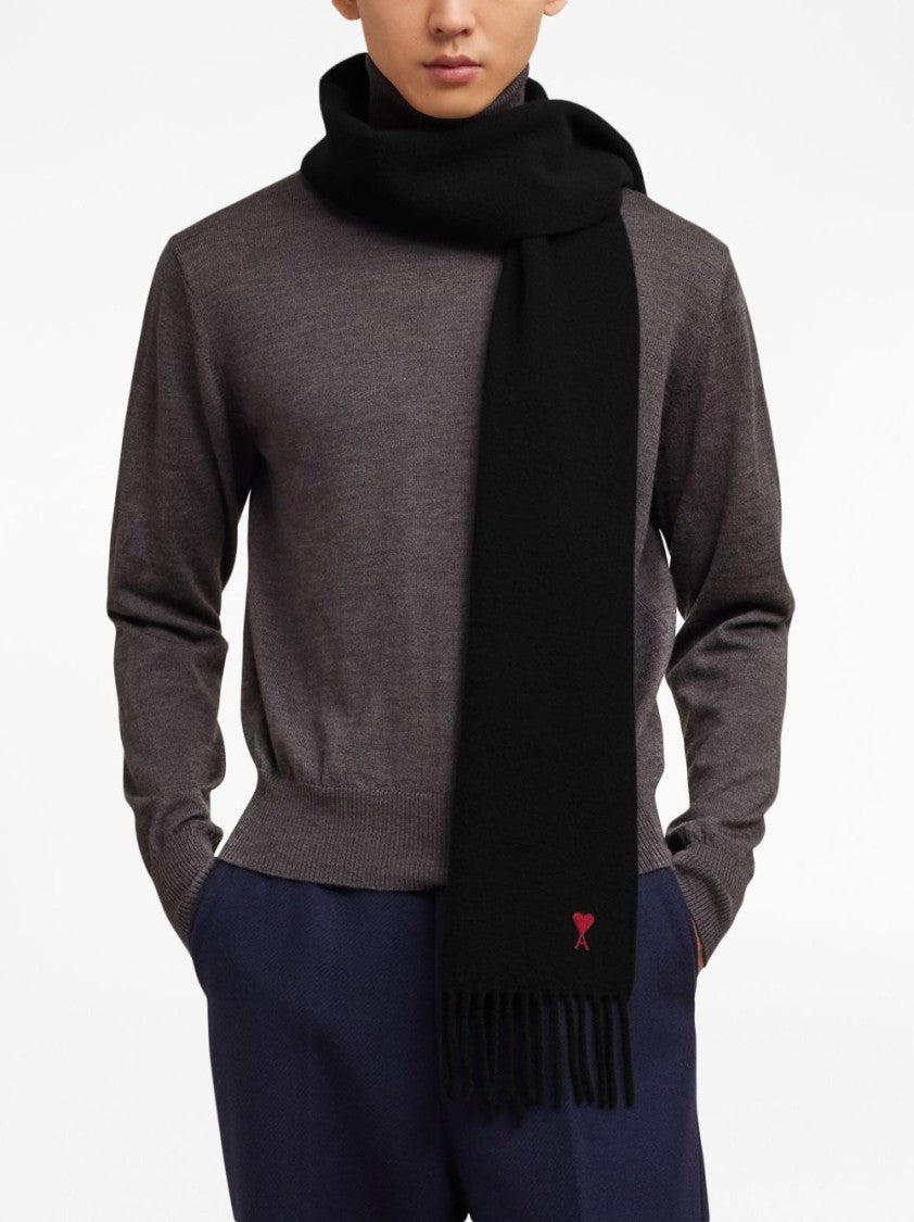 Ami Paris Wool Scarf With Signature Monogram And Fringed Edges