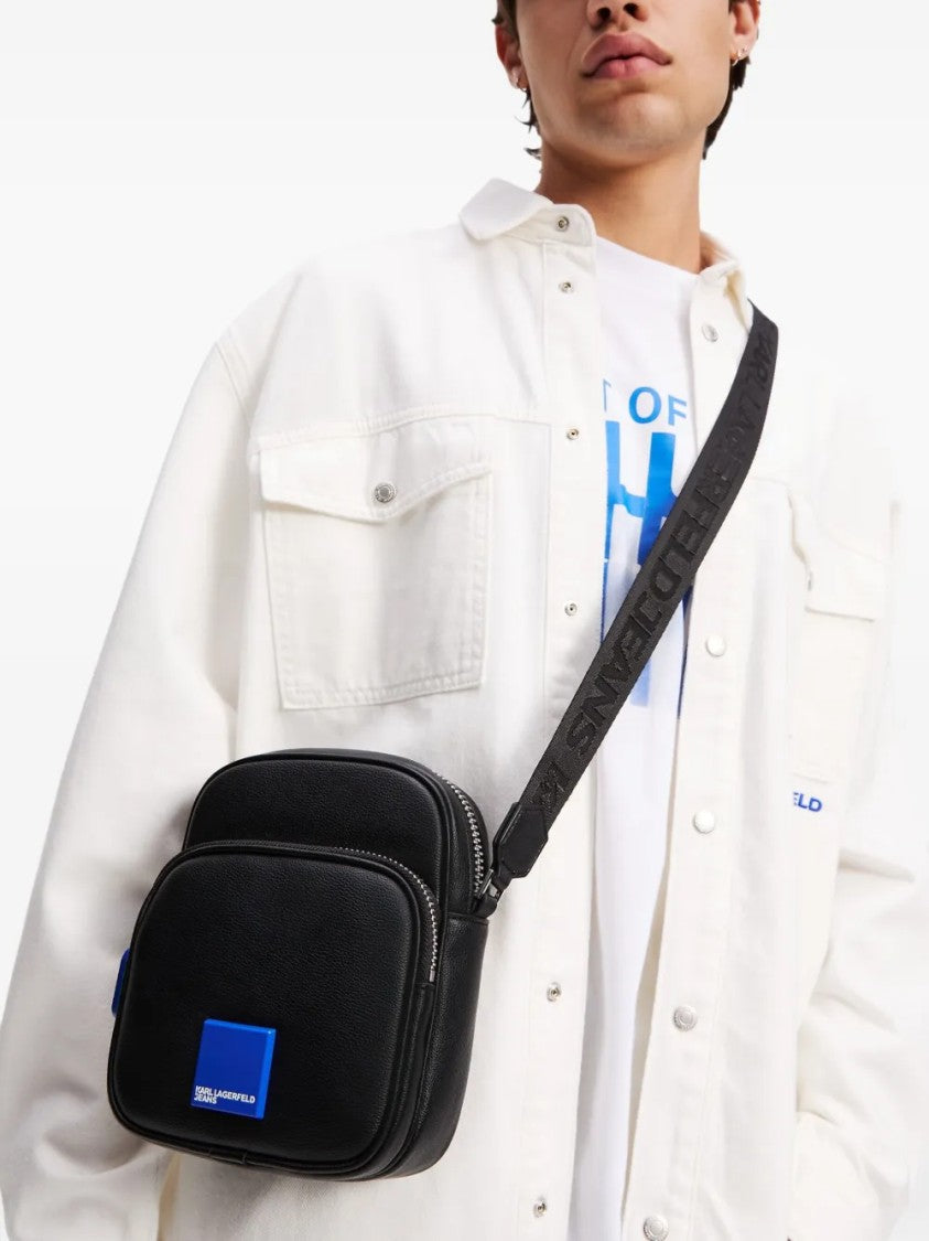 Karl Lagerfeld Textured Black Crossbody Bag With Branding