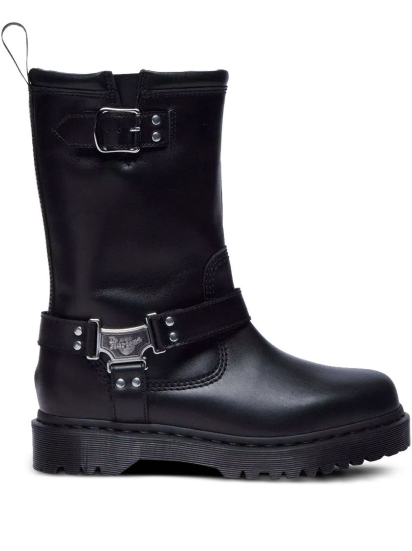 Dr. Martens Mid-Calf Black Leather Boots With Silver-Tone Hardware
