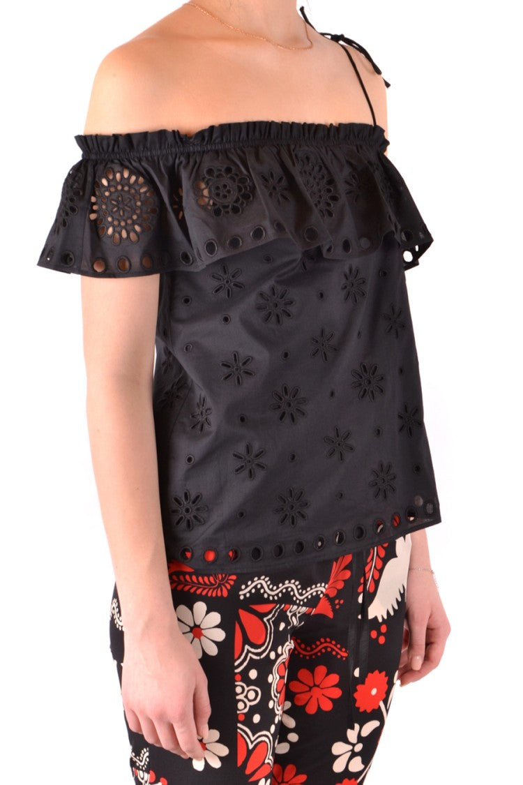 Red Valentino Off-Shoulder Black Top With Ruffled Overlay