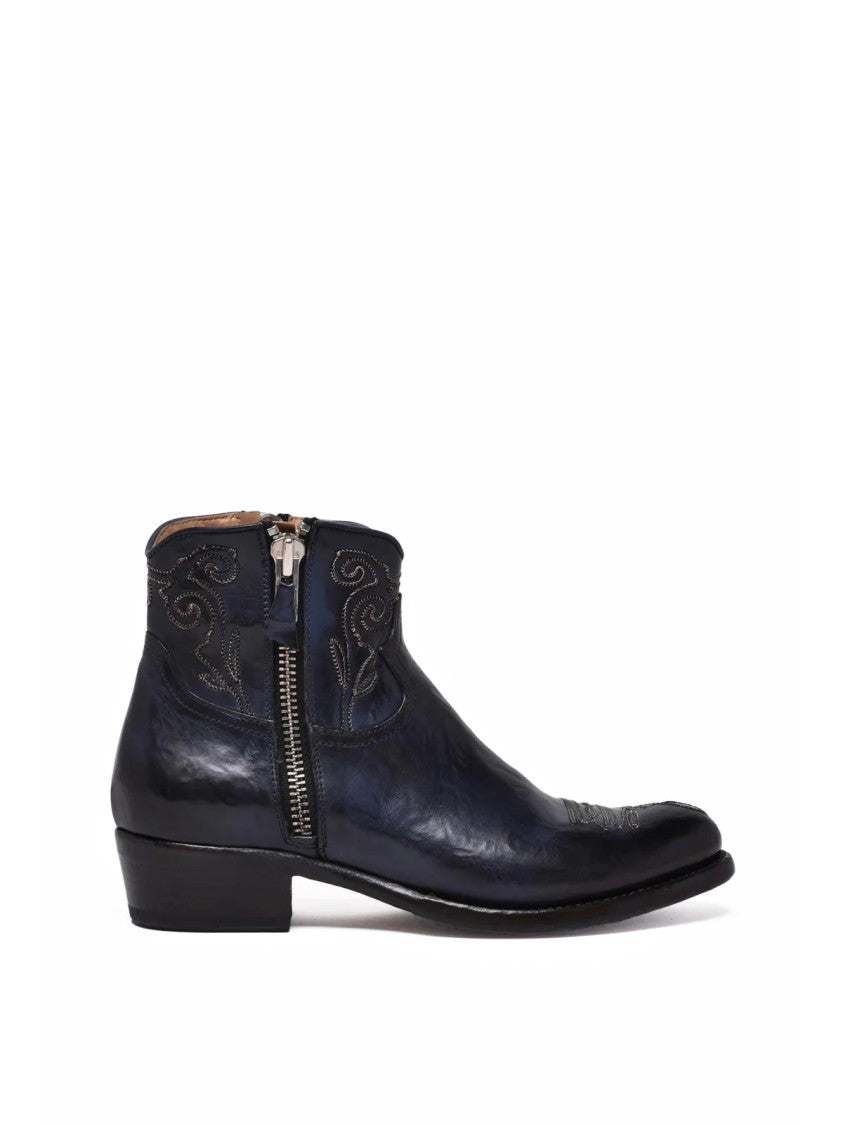 Damy Blue Leather Texan Ankle Boots