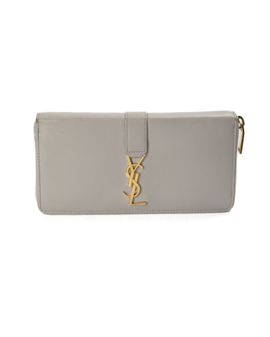 Saint Laurent College Zip Wallet In Smooth Grey Leather With Gold Hardware