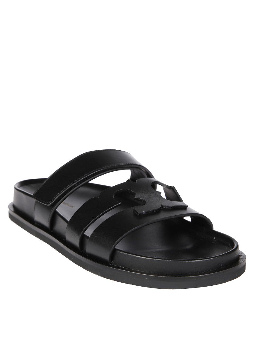 Tory Burch Black Slide Sandals With Prominent Logo Embellishment