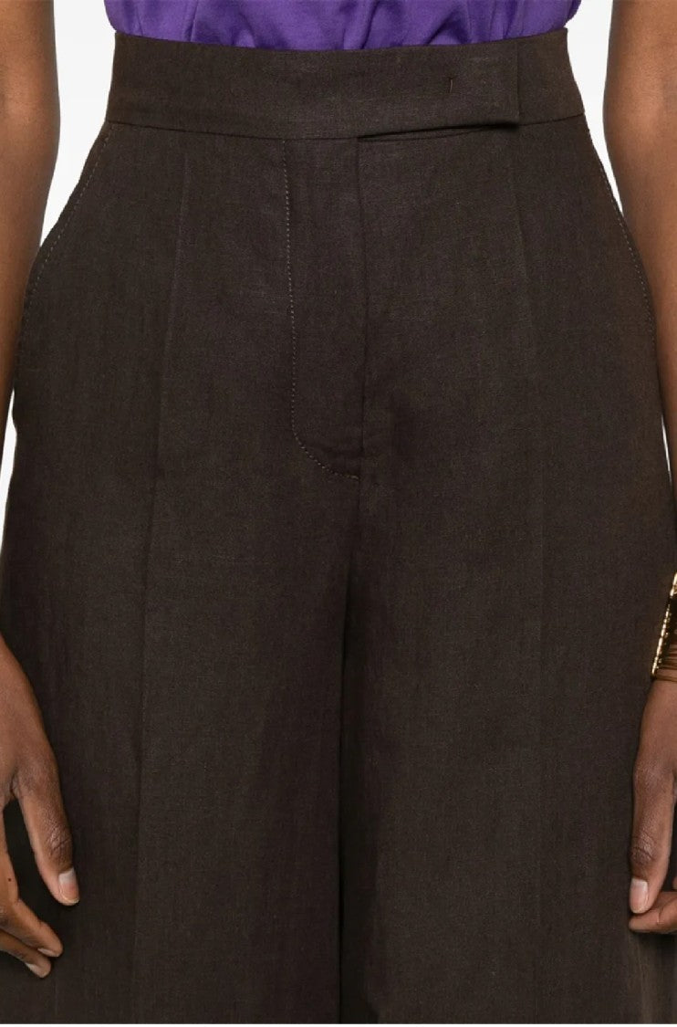 Max Mara Wide-Leg Brown Linen Trousers With High Waist Design