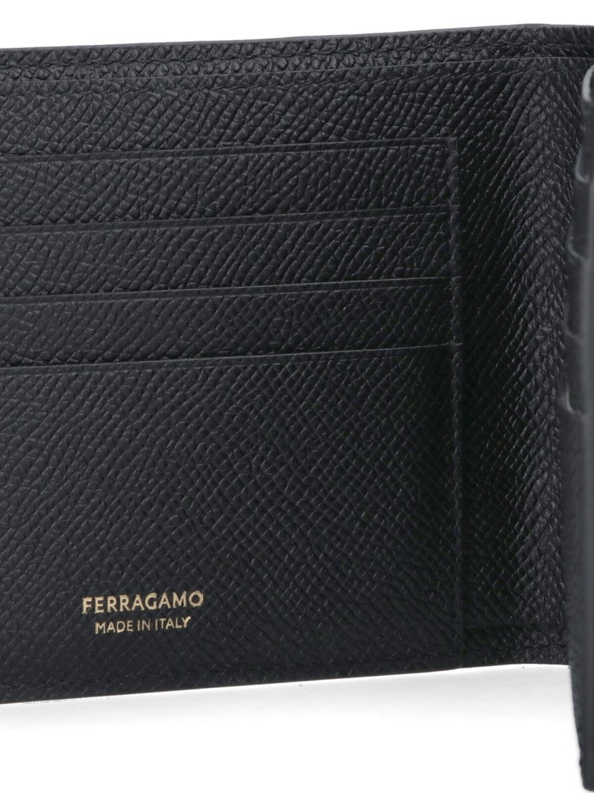 Ferragamo Gancini Detail Black Calf Leather Bifold Wallet