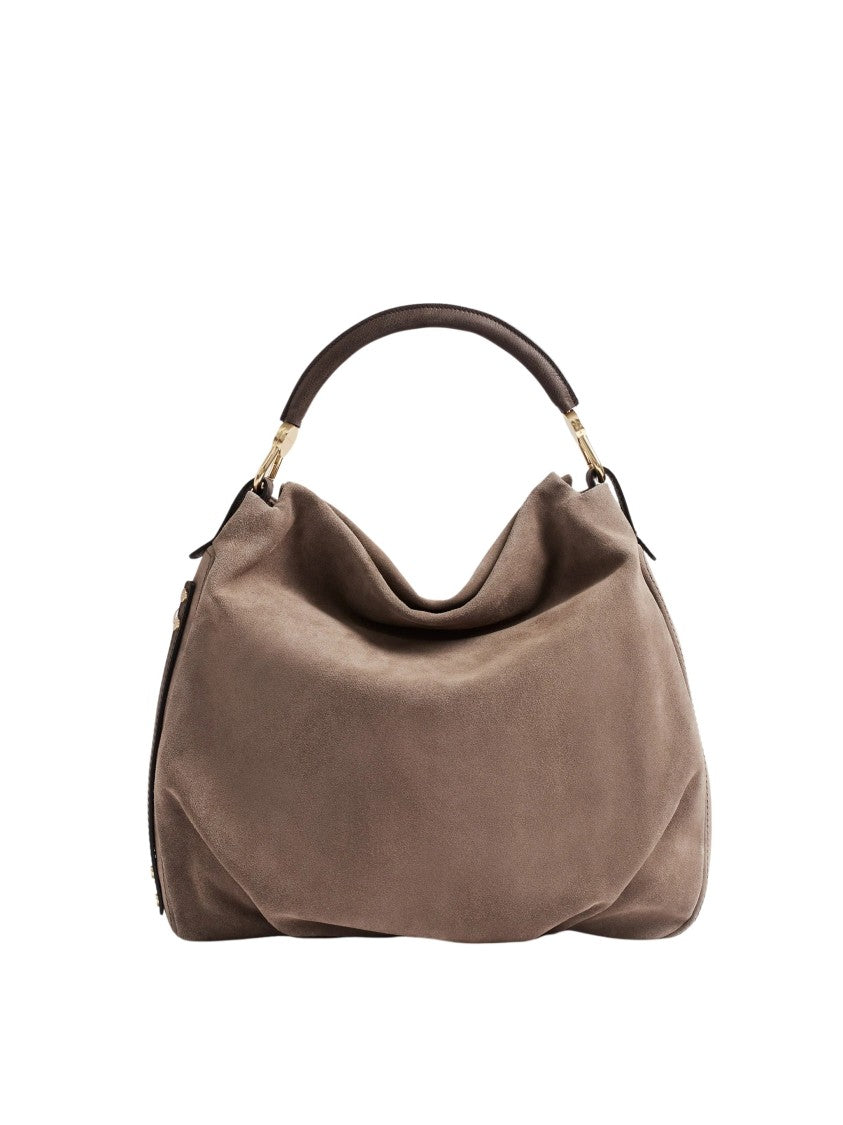 Borbonese Medium-Sized Hobo Bag In Split Suede With Calfskin Accents