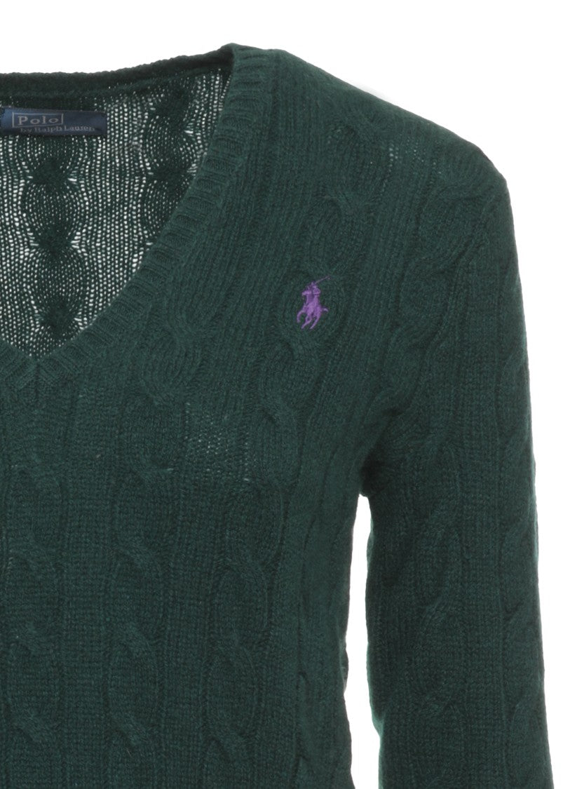 Polo Ralph Lauren Green V-Neck Cable-Knit Wool Sweater