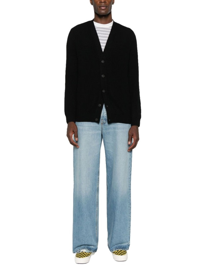 Mc2 Saint Barth Black Ribbed Knit Wool Cardigan
