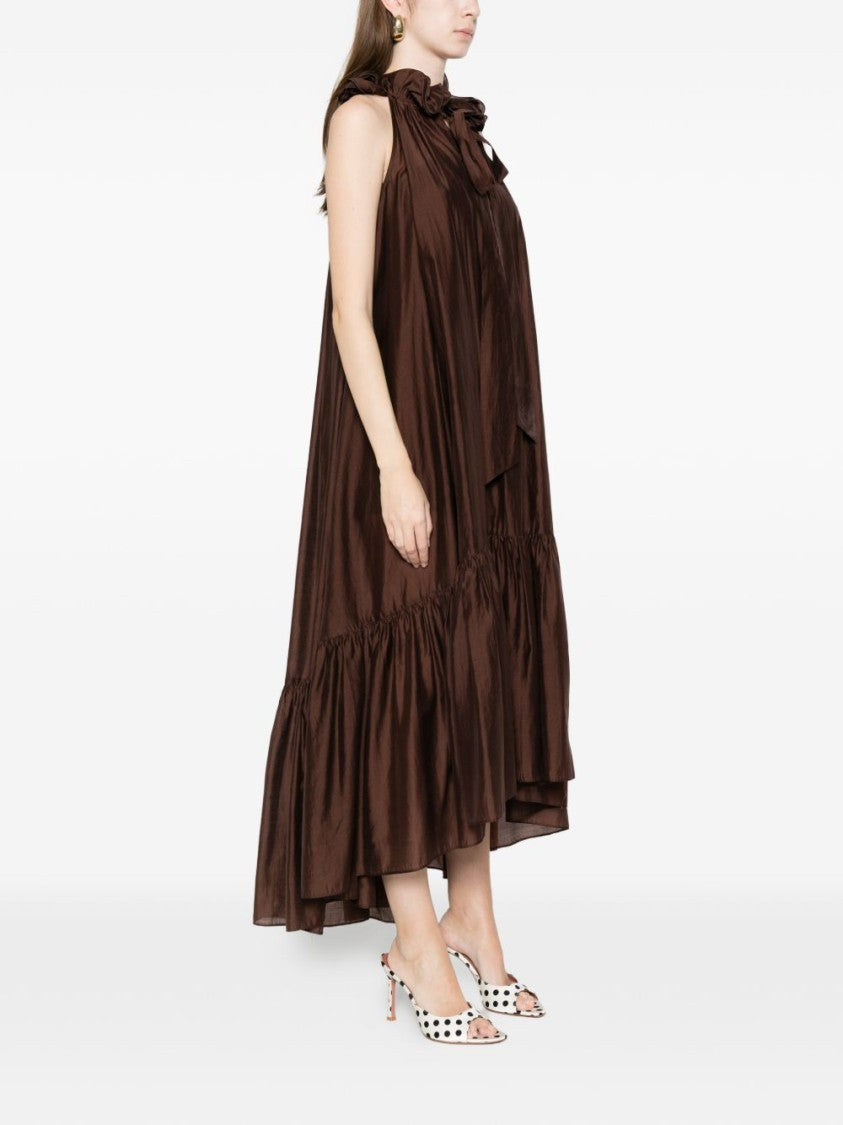 Twin-Set Chocolate Brown Ruffle Detail Midi Dress With Tiered Hem