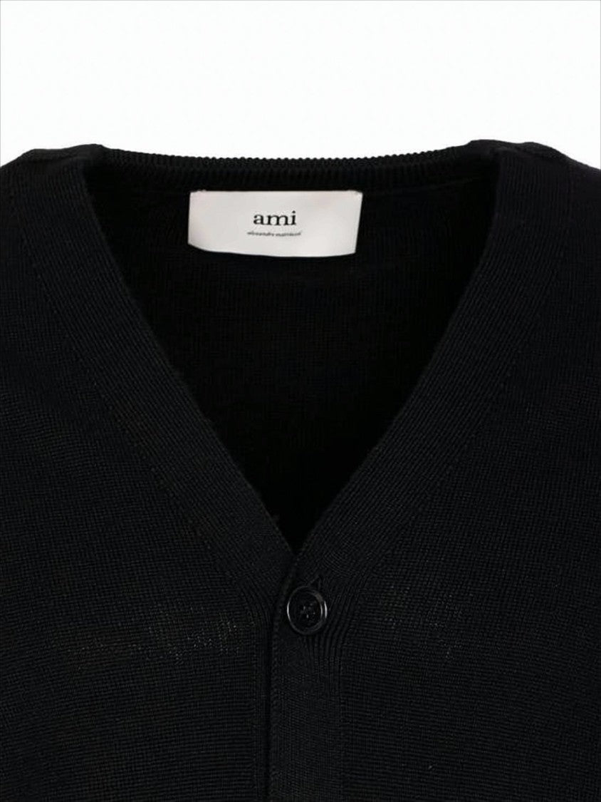 Ami Paris Black V-Neck Cardigan With Button-Down Front
