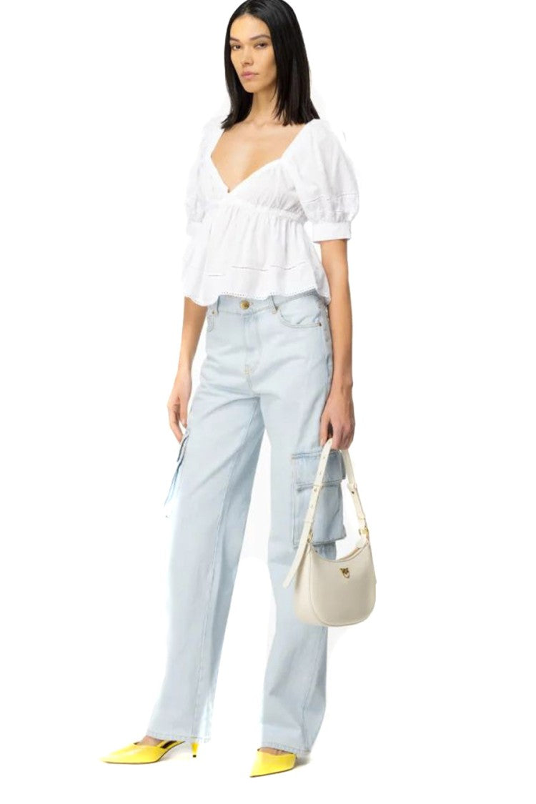 Pinko Cropped White Top Puffed Sleeves Neckline