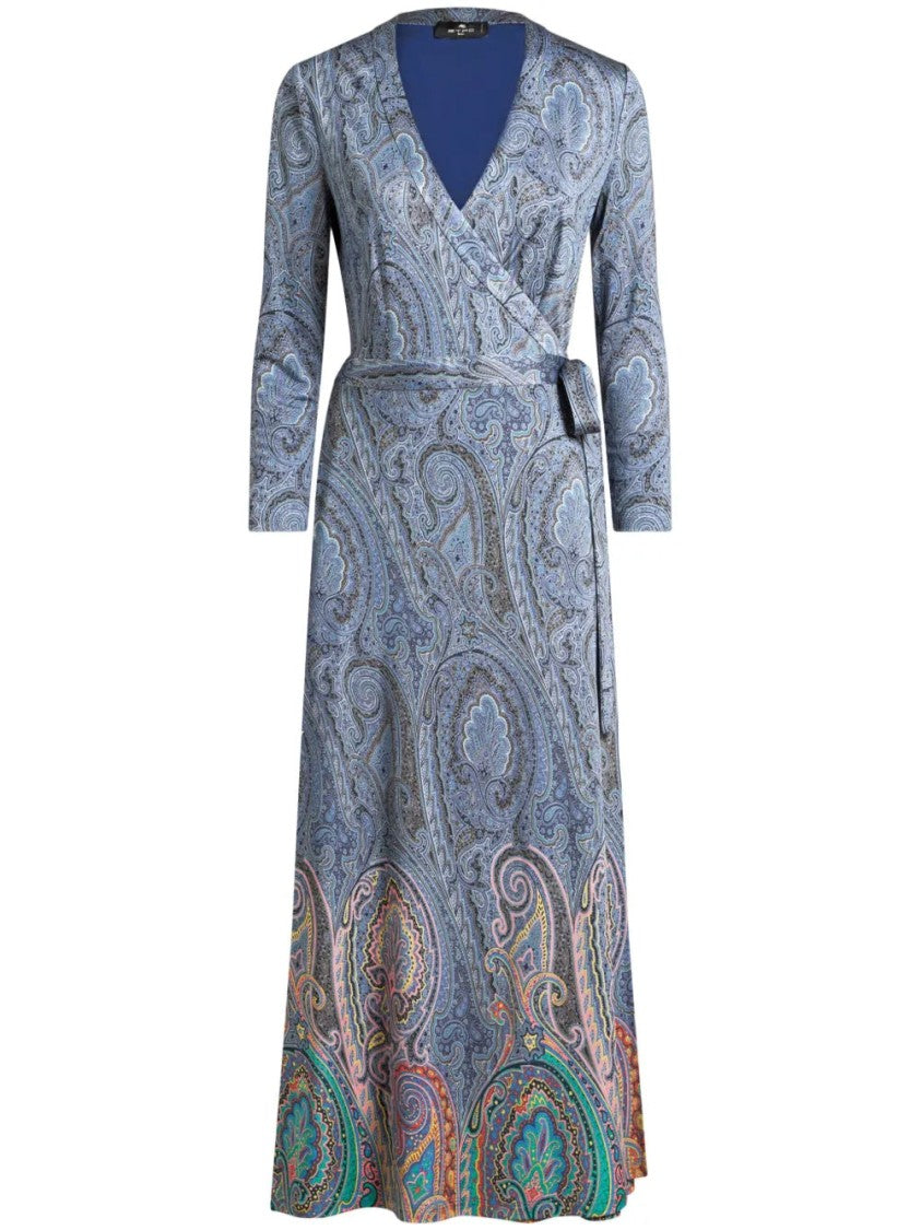 Etro Wrap Midi Dress With Intricate Paisley Pattern And Matching Belt