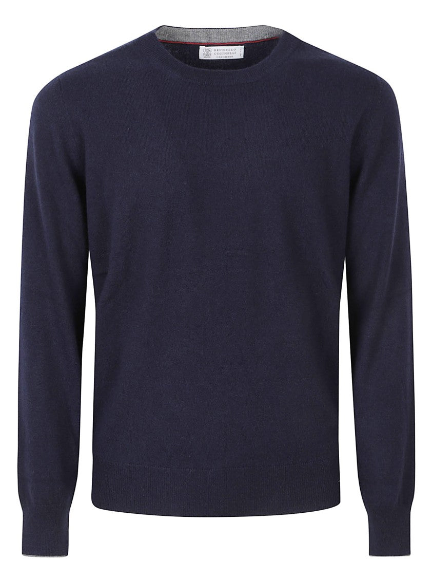 Brunello Cucinelli Deep Navy Cashmere Sweater With Classic Crew Neckline