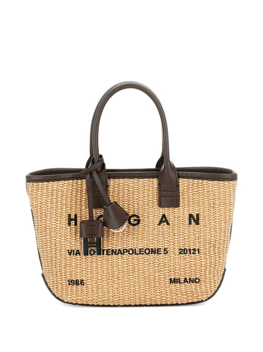 Hogan Structured Beige Shopper Bag With Leather Trim