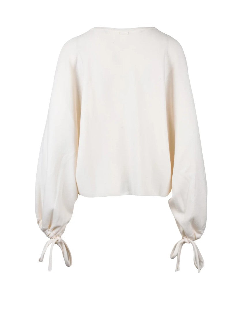 Max Mara Short Cream Sweater With Wide Sleeves And Drawstring Detailing
