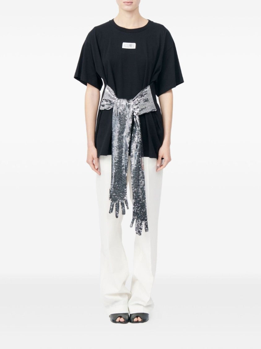 Mm6 By Maison Margiela Avant-Garde Black T-Shirt With Silver Sequin Belt